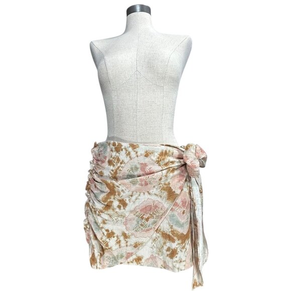 FREE PEOPLE Sweet As Beach Mini Skirt Sz 10 Sarong Wrap Tie Dye Multicolor Linen - Picture 3 of 13